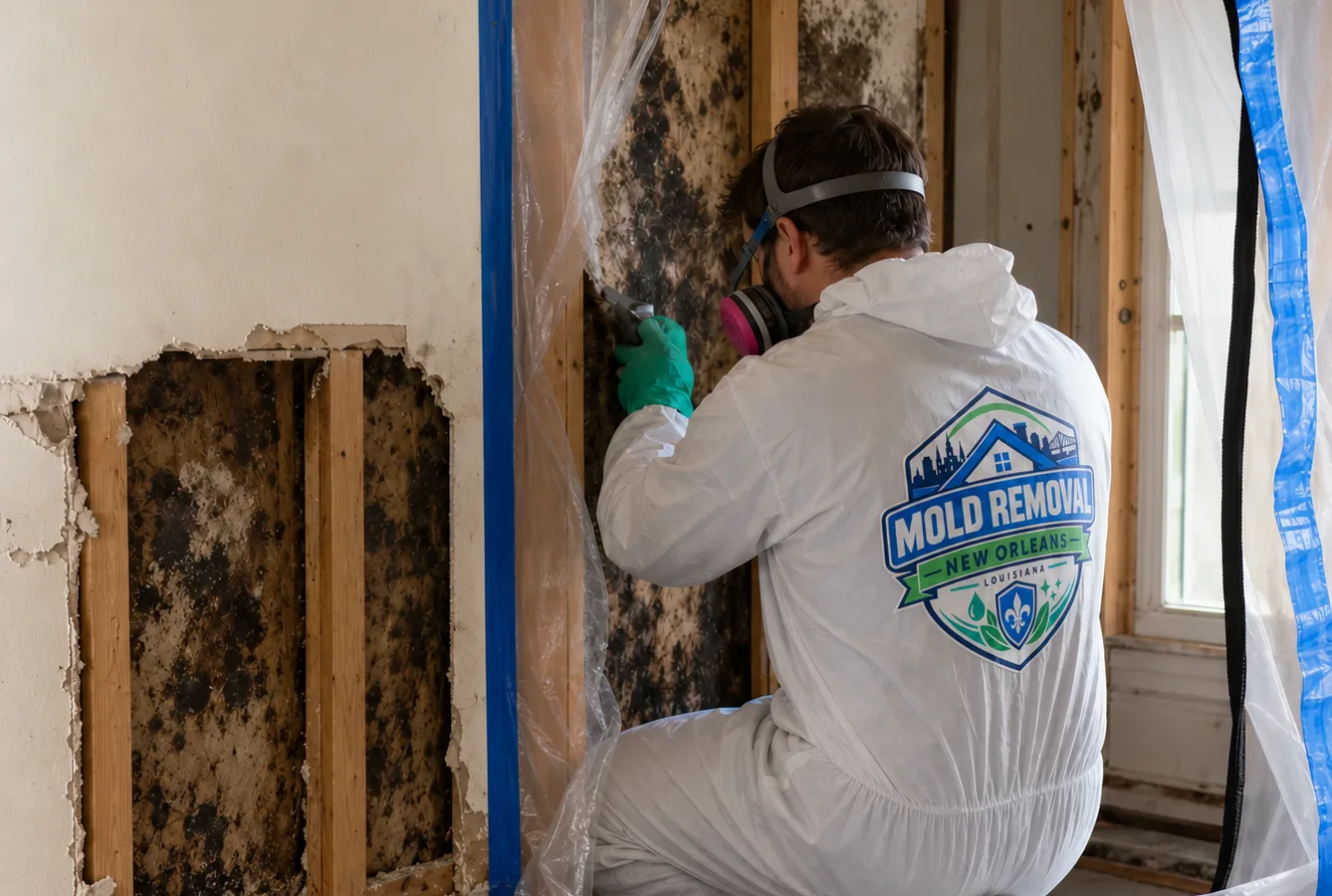 Technician in protective equipment removing mold from a residential wall cavity inside containment with a HEPA air scrubber
