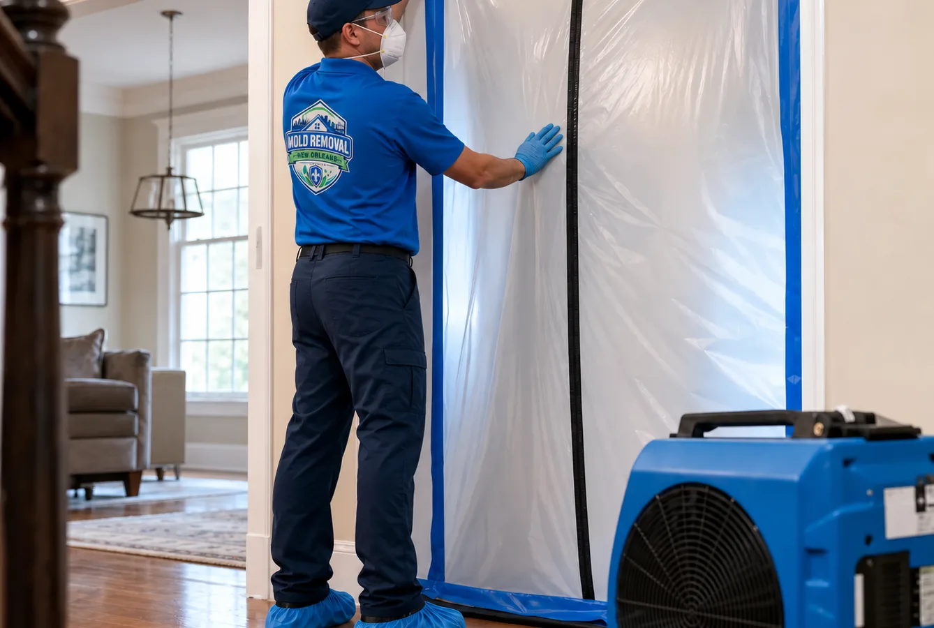 Certified technician in protective equipment setting up a containment doorway with plastic sheeting and a negative air machine in a New Orleans home