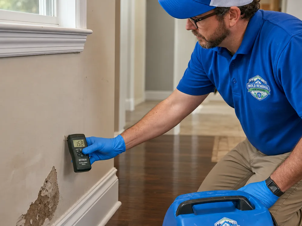 Moisture meter reading on drywall near a window with a dehumidifier and air scrubber staged inside a New Orleans residence