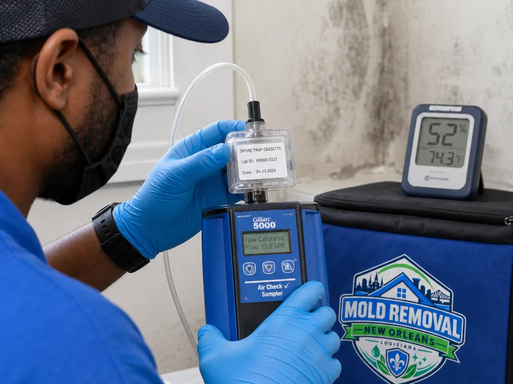 Calibrated air sampling pump with a labeled spore trap cassette and a hygrometer reading in the background