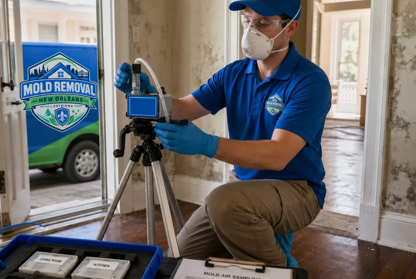 Technician in protective equipment setting up an indoor air sampling pump with labeled sample cassettes and a clipboard in a New Orleans home