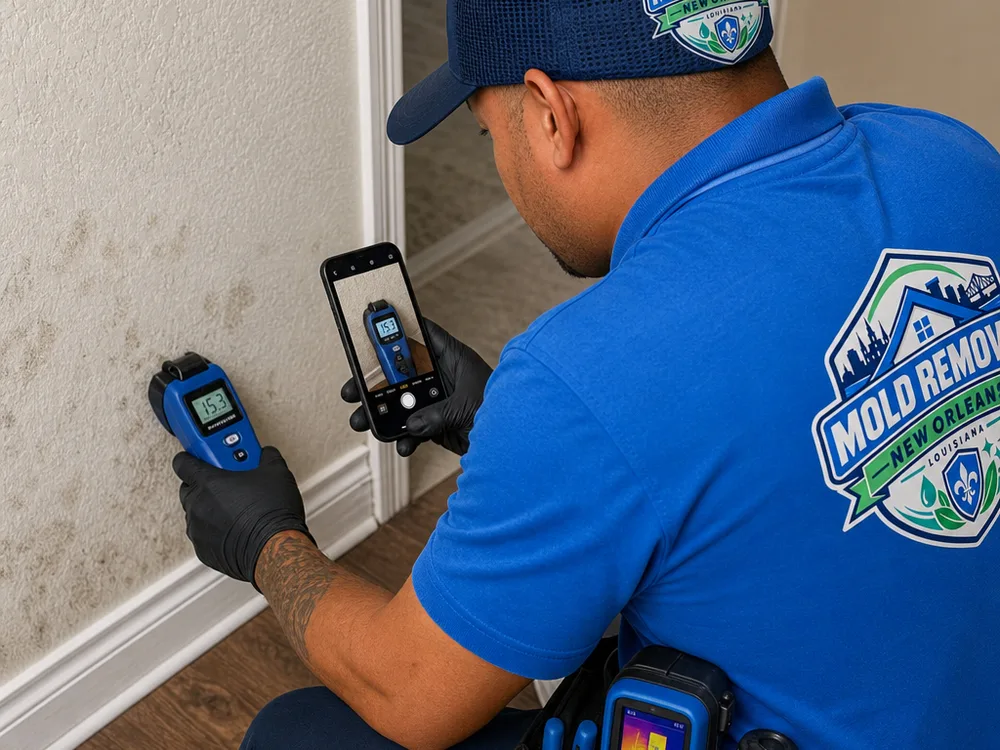 Technician taking and photographing a moisture reading on drywall near a baseboard with a thermal camera on the tool belt
