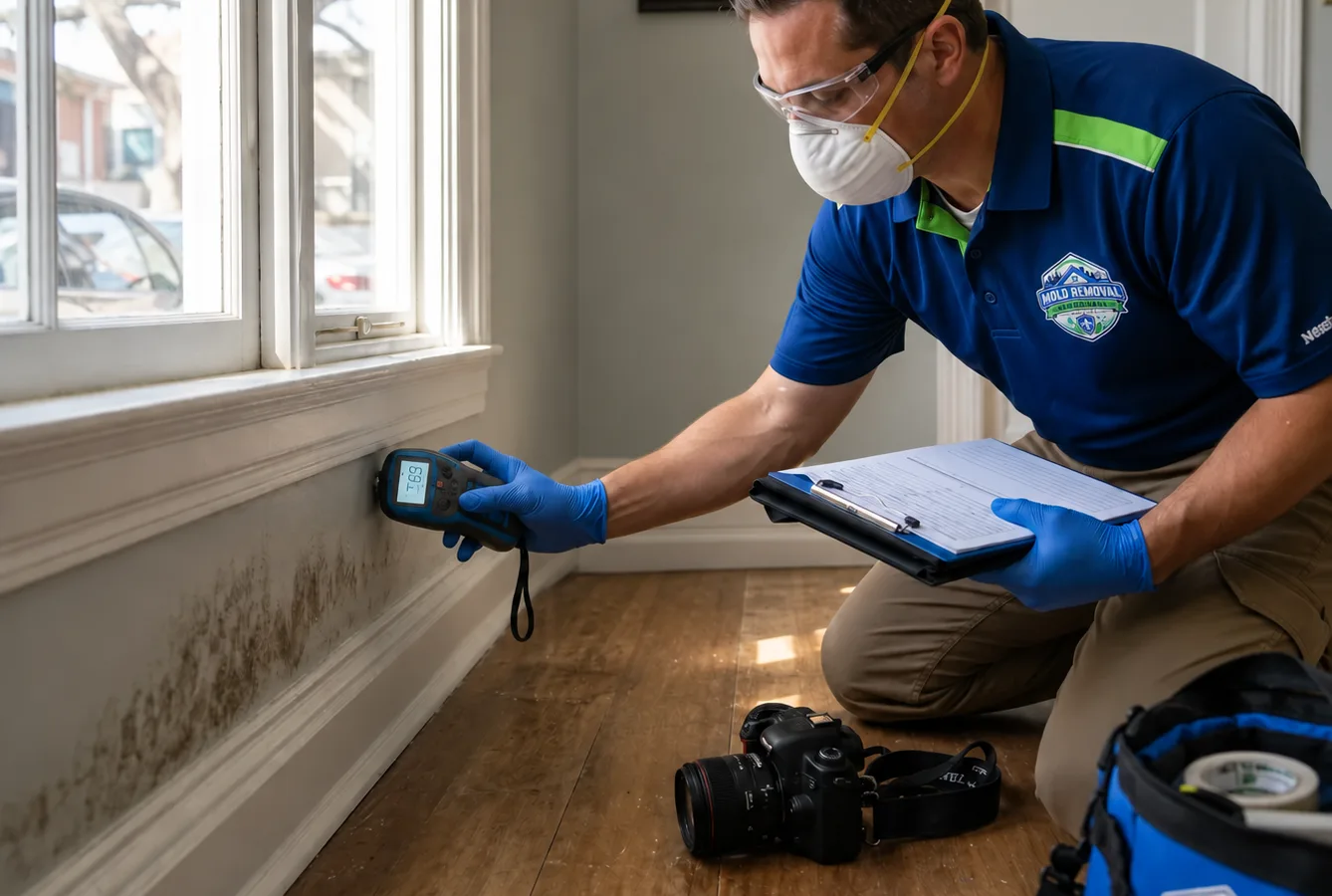 Inspector in protective gear using a moisture meter near a window and baseboard in a Metairie-area home with a clipboard and camera visible