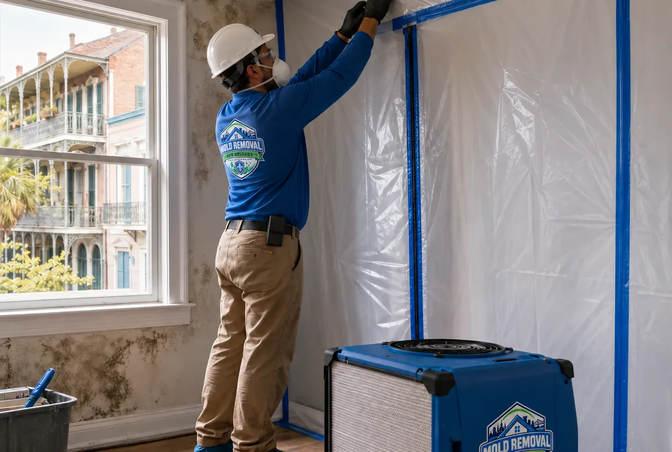 Technician in protective equipment setting up a plastic containment wall and HEPA air scrubber in a water-stained residential room