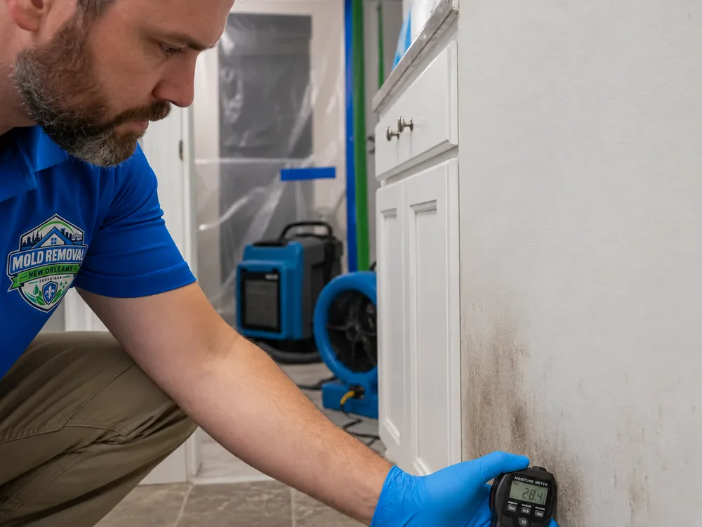 Moisture meter reading on a lower wall beside a bathroom vanity with containment materials visible behind it