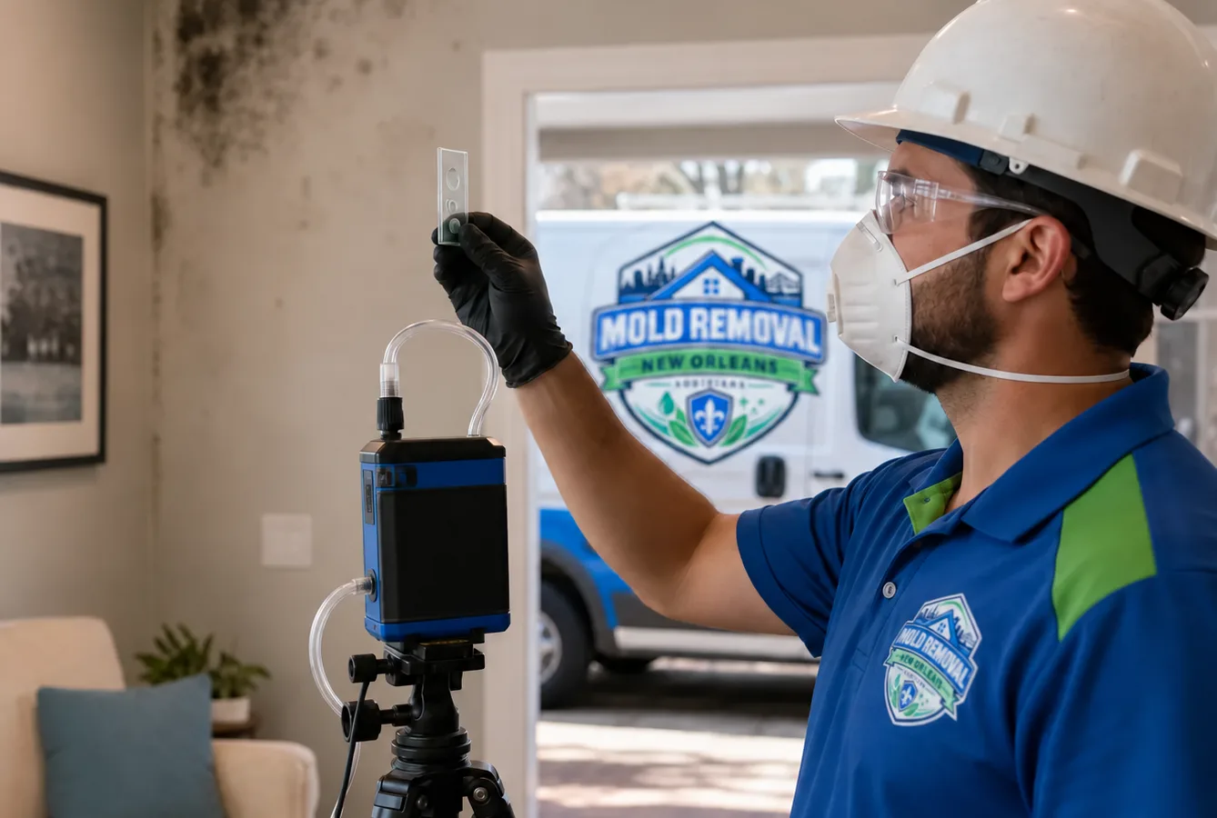 Inspector in protective equipment collecting an air sample with a sampling pump and cassette in a Metairie home