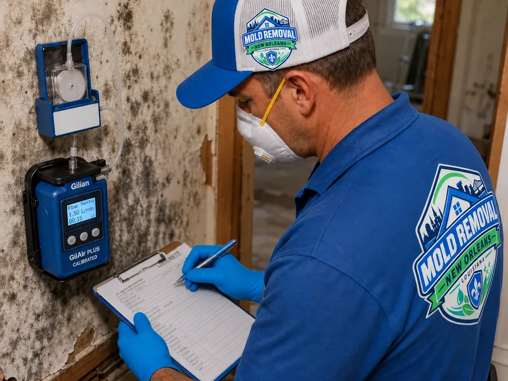 Air sampling cassette attached to a calibrated pump beside technician notes on a clipboard