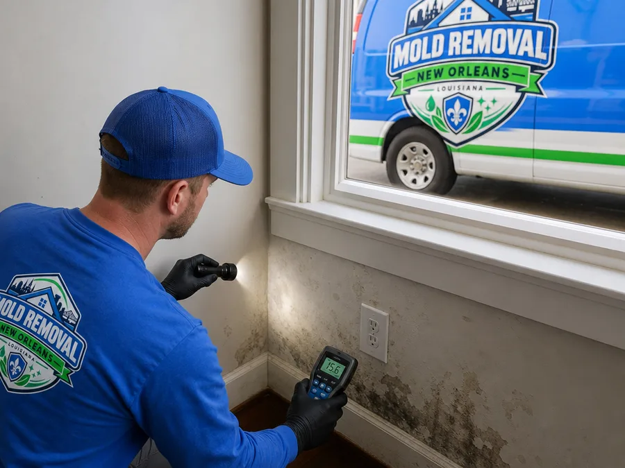 Technician using a flashlight and moisture meter to inspect baseboards and drywall in a New Orleans home