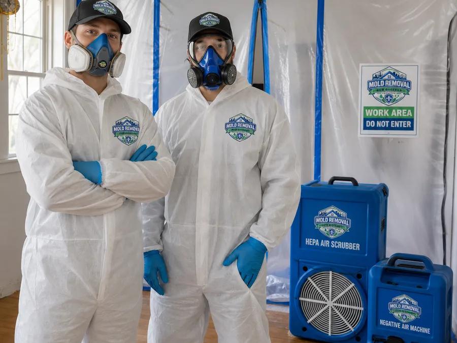 Two-person mold cleanup crew in protective equipment beside a contained work area with HEPA and negative-air equipment